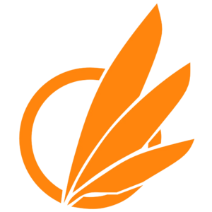 An orange symbol of a circle with three feathers fanned out towards the right side